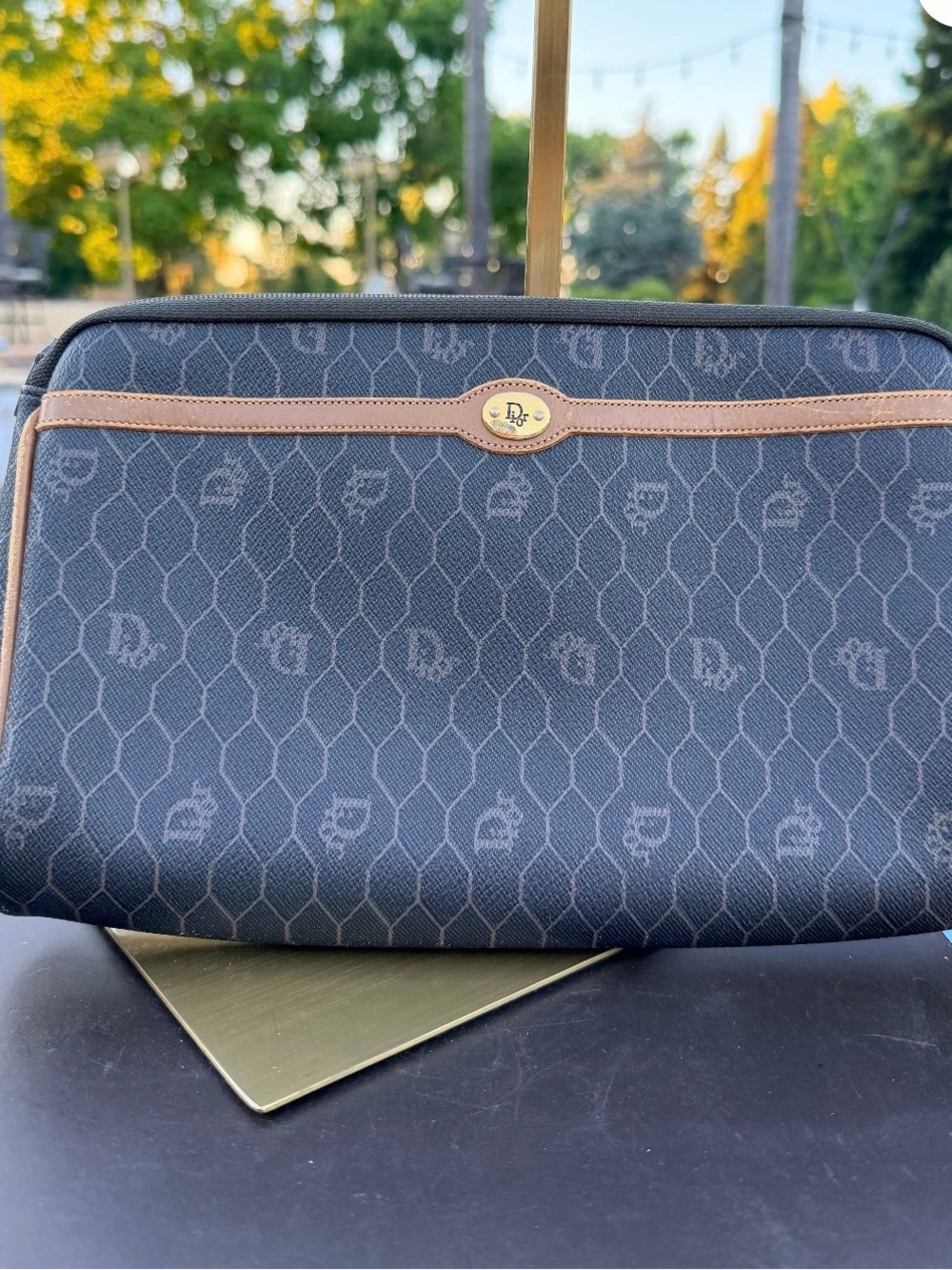 Dior Black Cosmetic Pouch with Tan Trim and Signature Monogram with COA